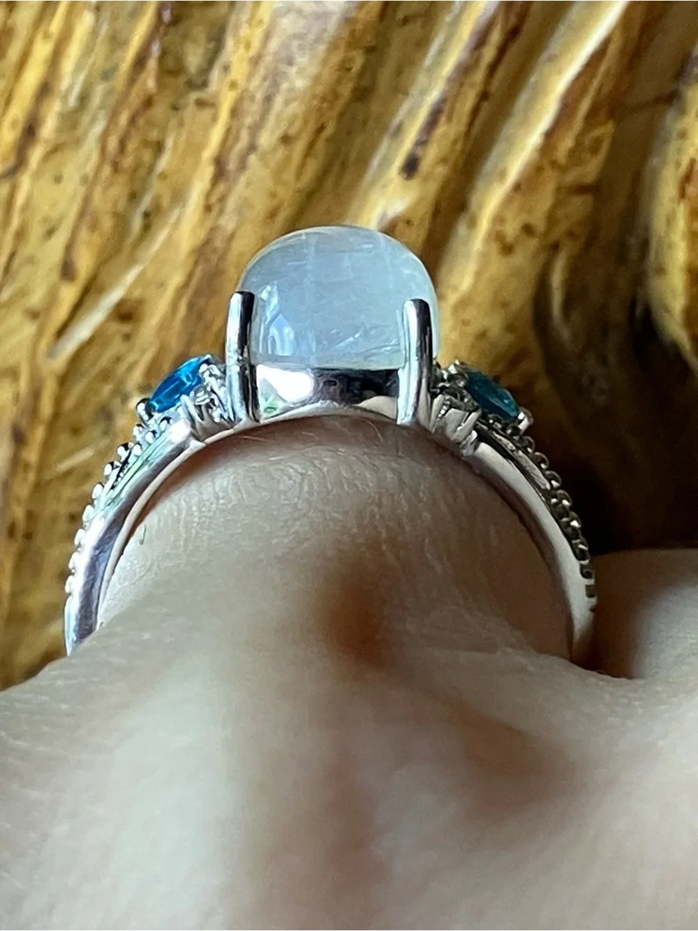 Natural Rainbow Moonstone Blue Apatite Sterling Silver Ring Size 6.75